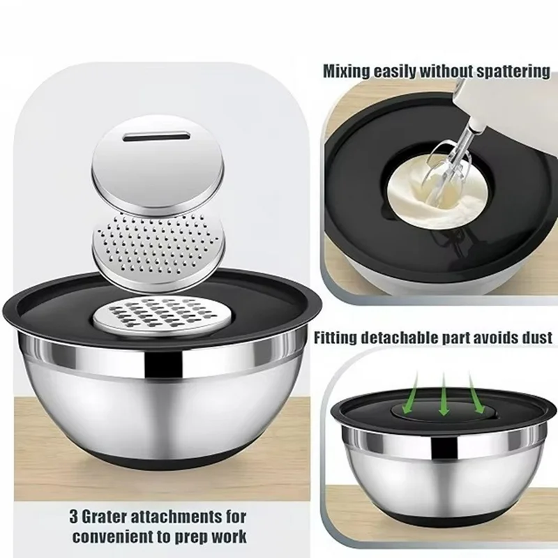 13Pcs Stainless Steel Mixing Bowl Set with Airtight Lids Non-slip Silicone Bottom Salad Bowl Baking Kitchen Tools - Khaki