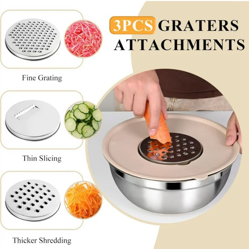 13Pcs Stainless Steel Mixing Bowl Set with Airtight Lids Non-slip Silicone Bottom Salad Bowl Baking Kitchen Tools - Khaki