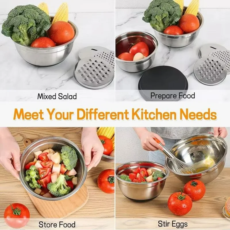 13Pcs Stainless Steel Mixing Bowl Set with Airtight Lids Non-slip Silicone Bottom Salad Bowl Baking Kitchen Tools - Khaki