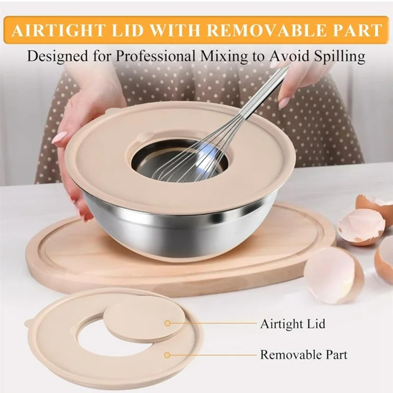 13Pcs Stainless Steel Mixing Bowl Set with Airtight Lids Non-slip Silicone Bottom Salad Bowl Baking Kitchen Tools - Khaki