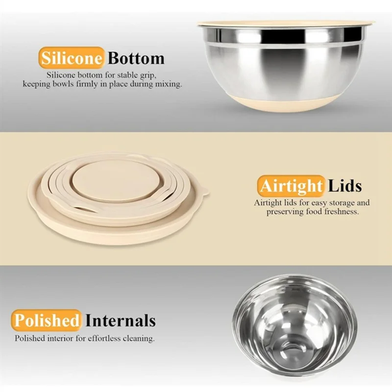 13Pcs Stainless Steel Mixing Bowl Set with Airtight Lids Non-slip Silicone Bottom Salad Bowl Baking Kitchen Tools - Khaki