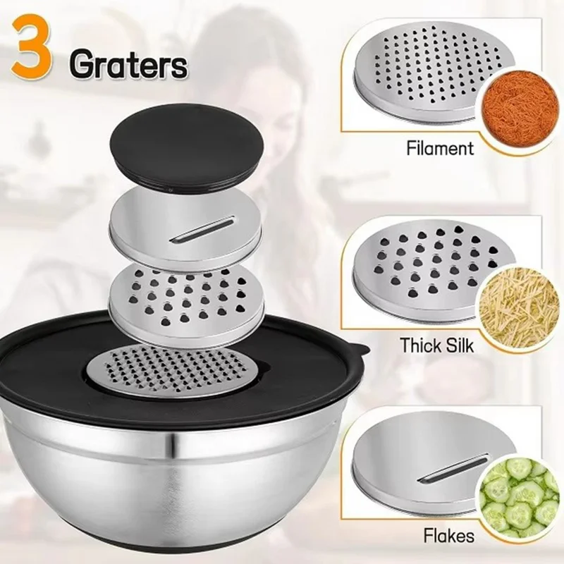 13Pcs Stainless Steel Mixing Bowl Set with Airtight Lids Non-slip Silicone Bottom Salad Bowl Baking Kitchen Tools - Khaki