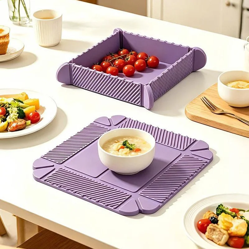 Silicone Folding Storage Box Heat Resistant Non-Slip Mat for Dining Table Kitchen (without FDA Certification, BPA Free) - Purple