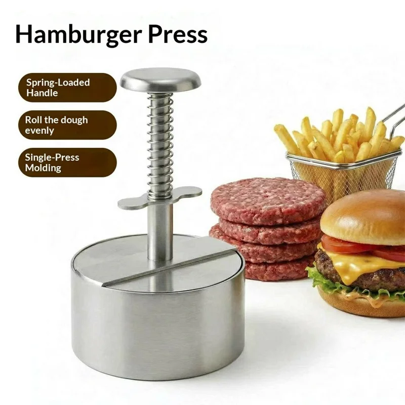 14cm Hamburger Press 304 Stainless Steel Spring Loaded Detachable Patty Maker for Home Kitchen BBQ - Silver