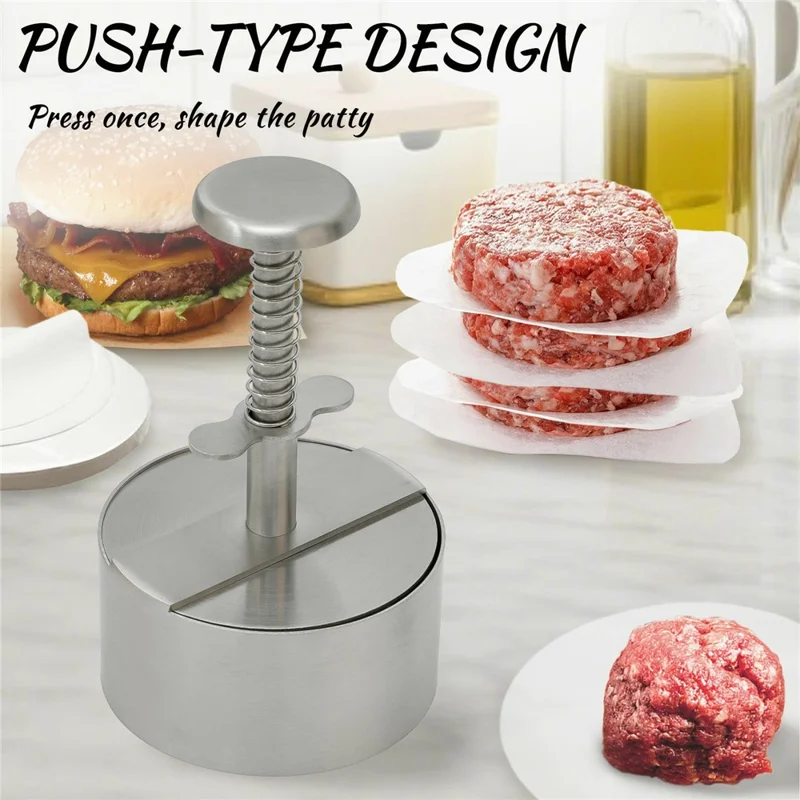 14cm Hamburger Press 304 Stainless Steel Spring Loaded Detachable Patty Maker for Home Kitchen BBQ - Silver