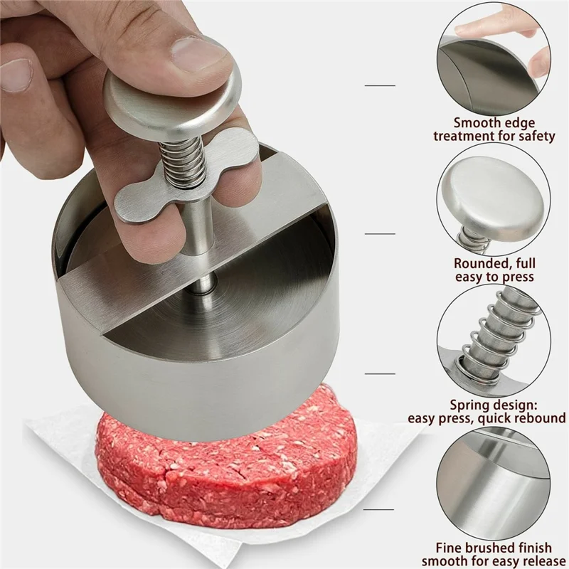 14cm Hamburger Press 304 Stainless Steel Spring Loaded Detachable Patty Maker for Home Kitchen BBQ - Silver