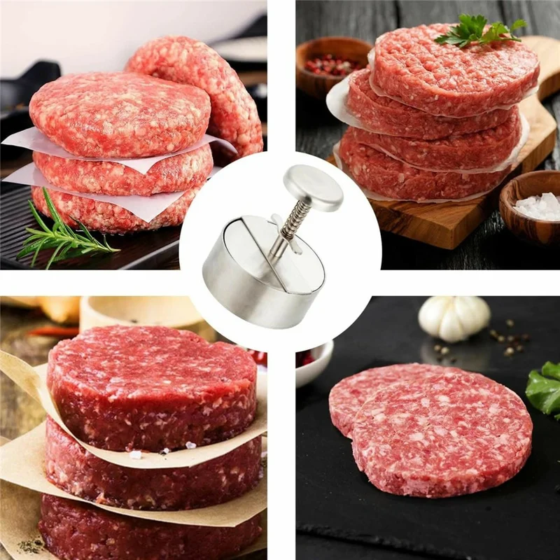 14cm Hamburger Press 304 Stainless Steel Spring Loaded Detachable Patty Maker for Home Kitchen BBQ - Silver
