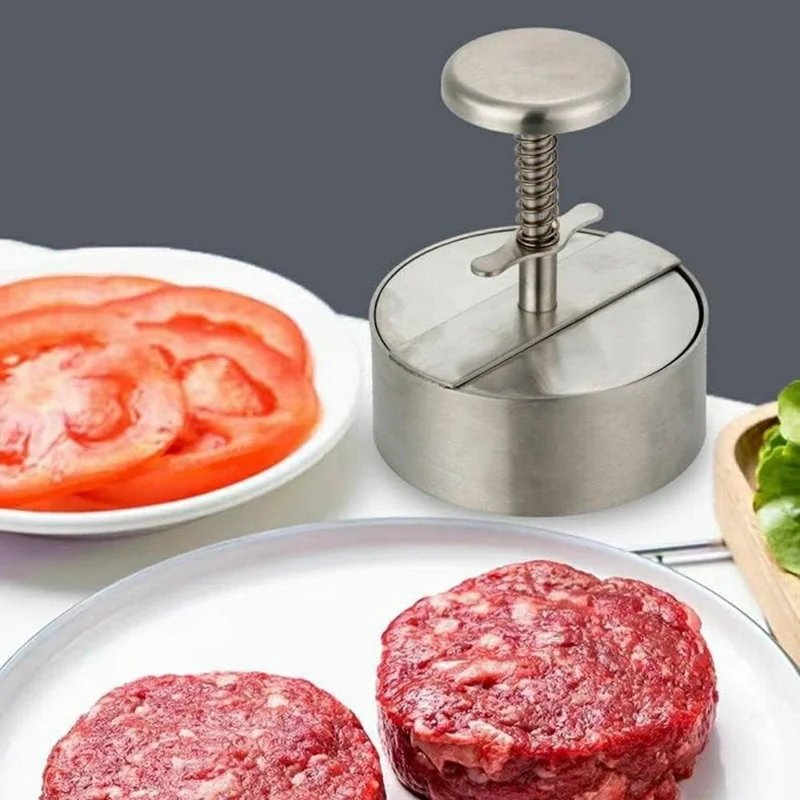 14cm Hamburger Press 304 Stainless Steel Spring Loaded Detachable Patty Maker for Home Kitchen BBQ - Silver