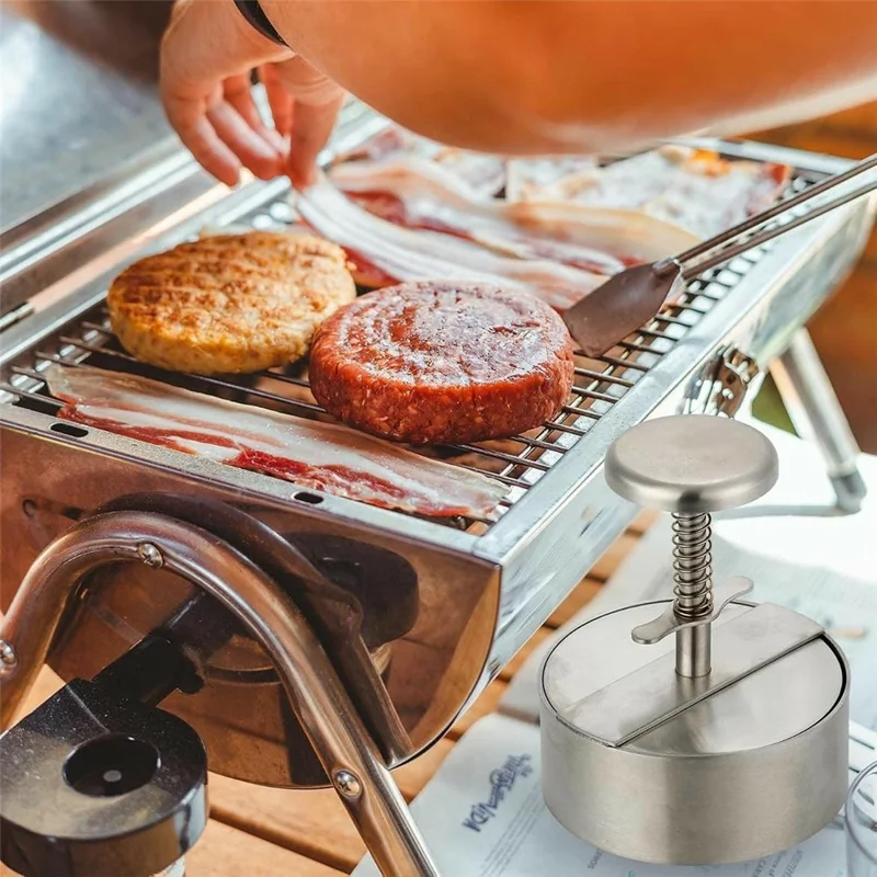 14cm Hamburger Press 304 Stainless Steel Spring Loaded Detachable Patty Maker for Home Kitchen BBQ - Silver