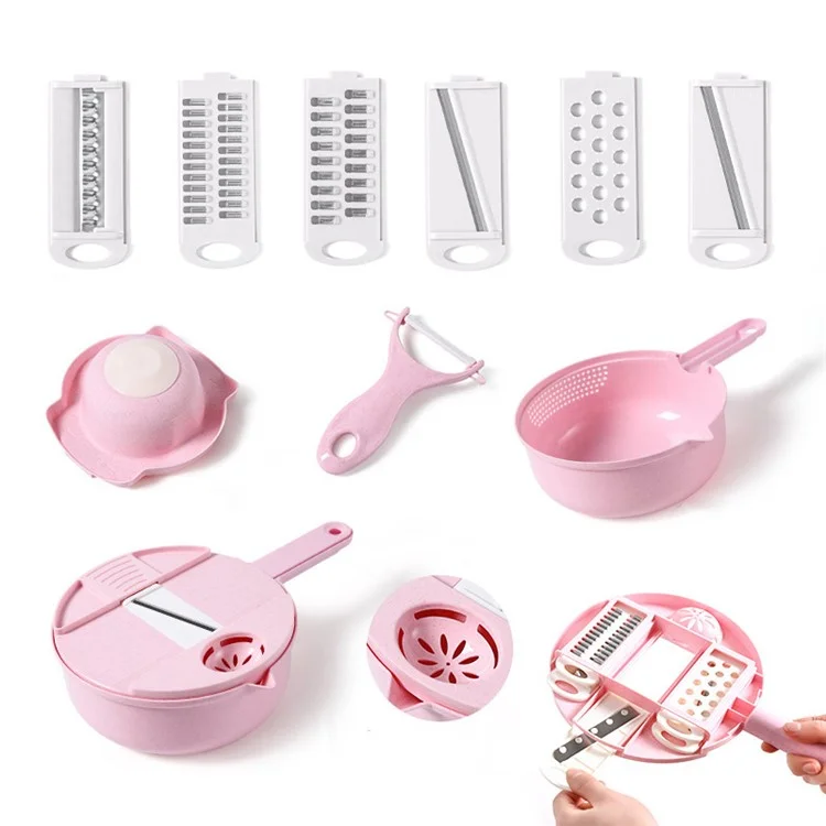 12-in-1 Multifunctional Vegetable Cutter Set Home Kitchen Julienne Shredder Potato Slicer (with FDA, BPA-Free) - Pink