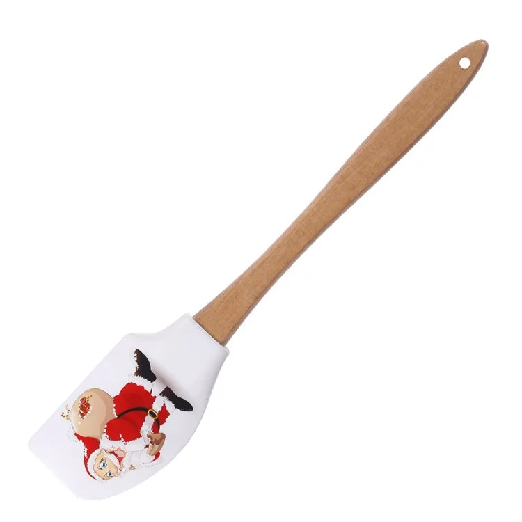 Spatule en silicone de Noël avec manche en bois pour la cuisine et la pâtisserie (sans BPA, sans certificat FDA) - Père Noël avec sac cadeau