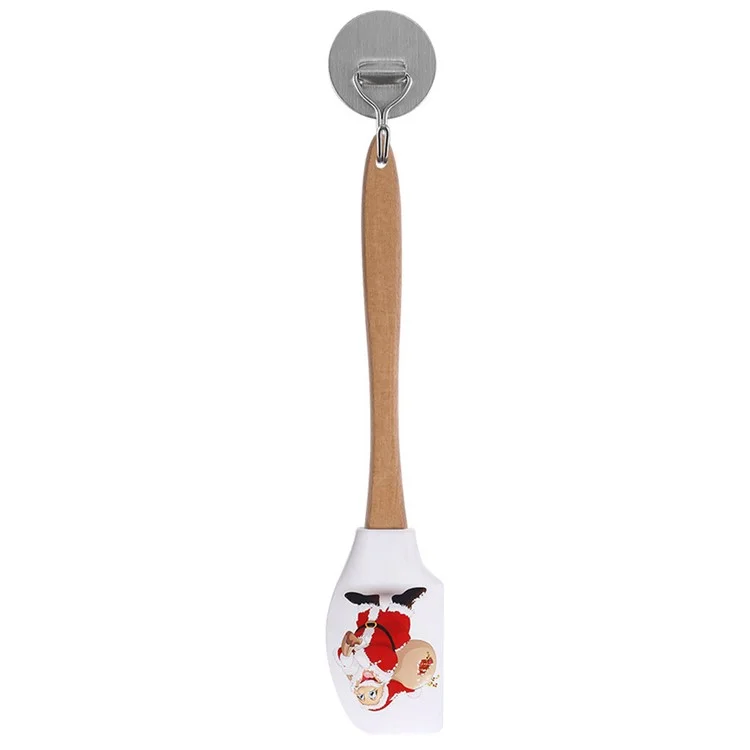 Spatule en silicone de Noël avec manche en bois pour la cuisine et la pâtisserie (sans BPA, sans certificat FDA) - Père Noël avec sac cadeau