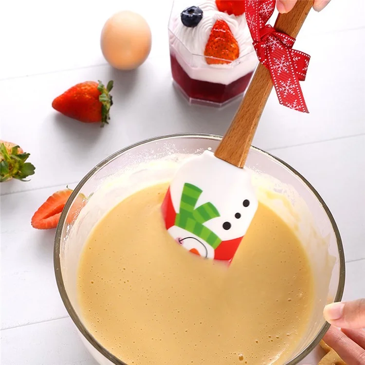Spatule en silicone de Noël avec manche en bois pour la cuisine et la pâtisserie (sans BPA, sans certificat FDA) - Père Noël avec sac cadeau
