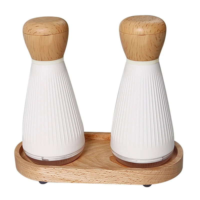 2Pcs ABS+PS+Wood Pepper Grinder Kitchen Sea Salt Pepper Manual Grinder with 1 Base (BPA-Free, No FDA Certification) - Ordinary Type