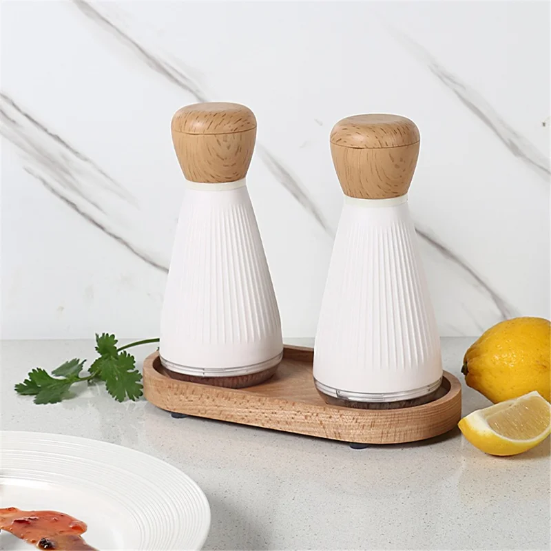 2Pcs ABS+PS+Wood Pepper Grinder Kitchen Sea Salt Pepper Manual Grinder with 1 Base (BPA-Free, No FDA Certification) - Ordinary Type