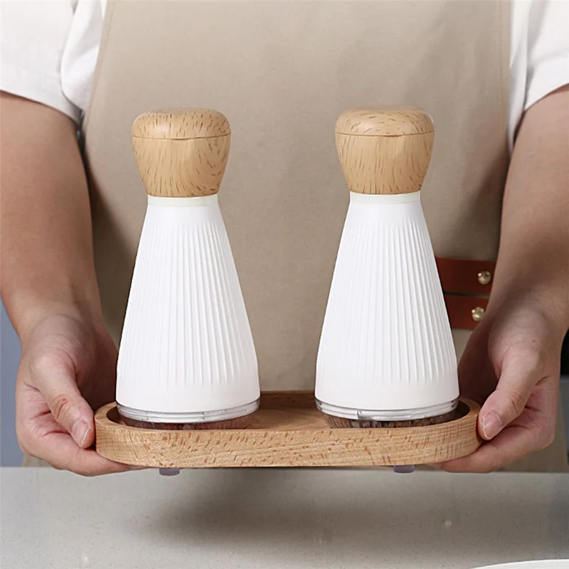2Pcs ABS+PS+Wood Pepper Grinder Kitchen Sea Salt Pepper Manual Grinder with 1 Base (BPA-Free, No FDA Certification) - Ordinary Type