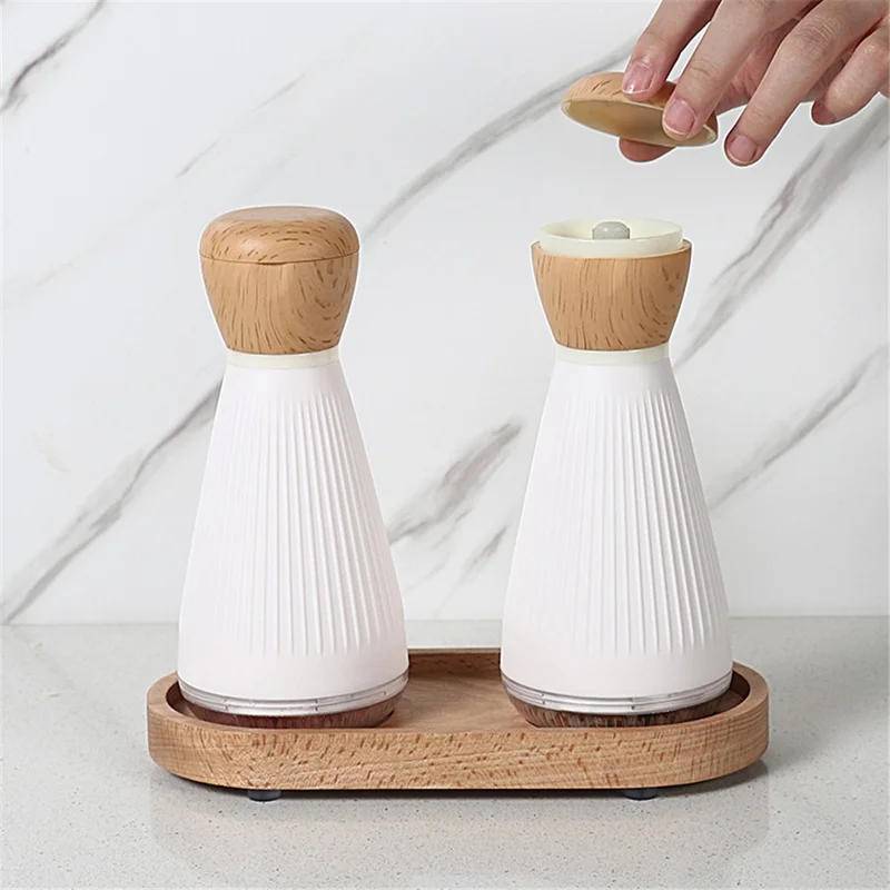 2Pcs ABS+PS+Wood Pepper Grinder Kitchen Sea Salt Pepper Manual Grinder with 1 Base (BPA-Free, No FDA Certification) - Ordinary Type