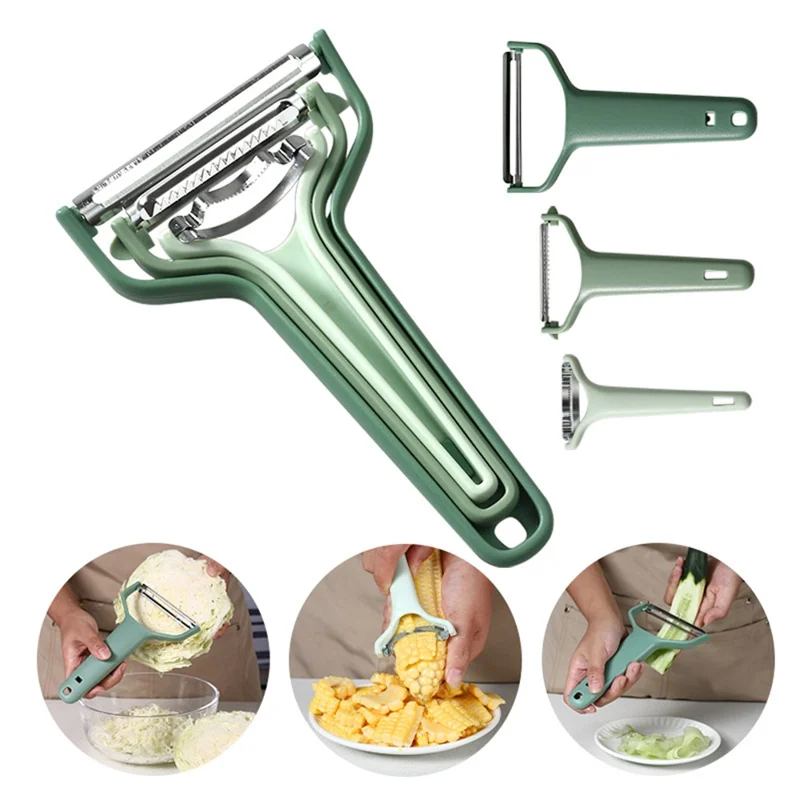 3Pcs / Set PP+Stainless Steel Melon Peeler Cabbage Shredder Multi-function Kitchen Tool (BPA Free, No FDA Certificate) - Emerald Green