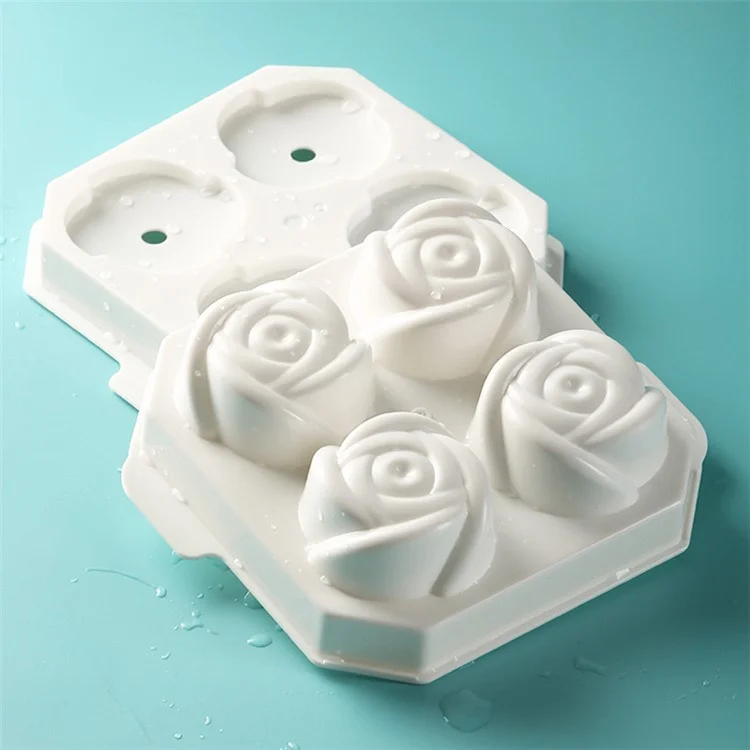 4 Cells Large Ice Ball Making Tray PP Frozen Ice Cube Mold for Whiskey Drink (BPA Free, No FDA Certificate) - Rose Flower Shape