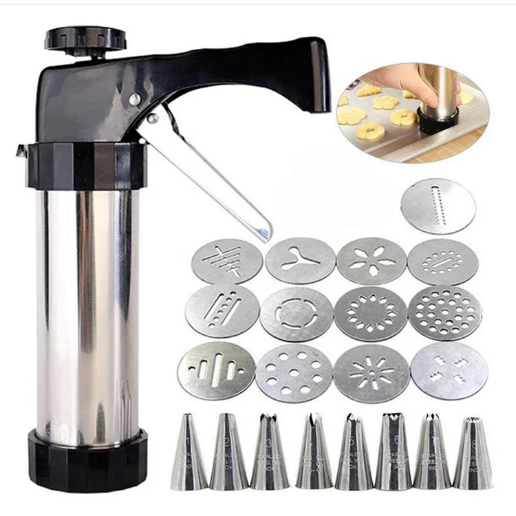 Stainless Steel Spritz Cookie Press Gun+13 Cookie Discs+8 Icing Nozzles Kitchen Baking Tool Set (BPA Free, No FDA Certificate)