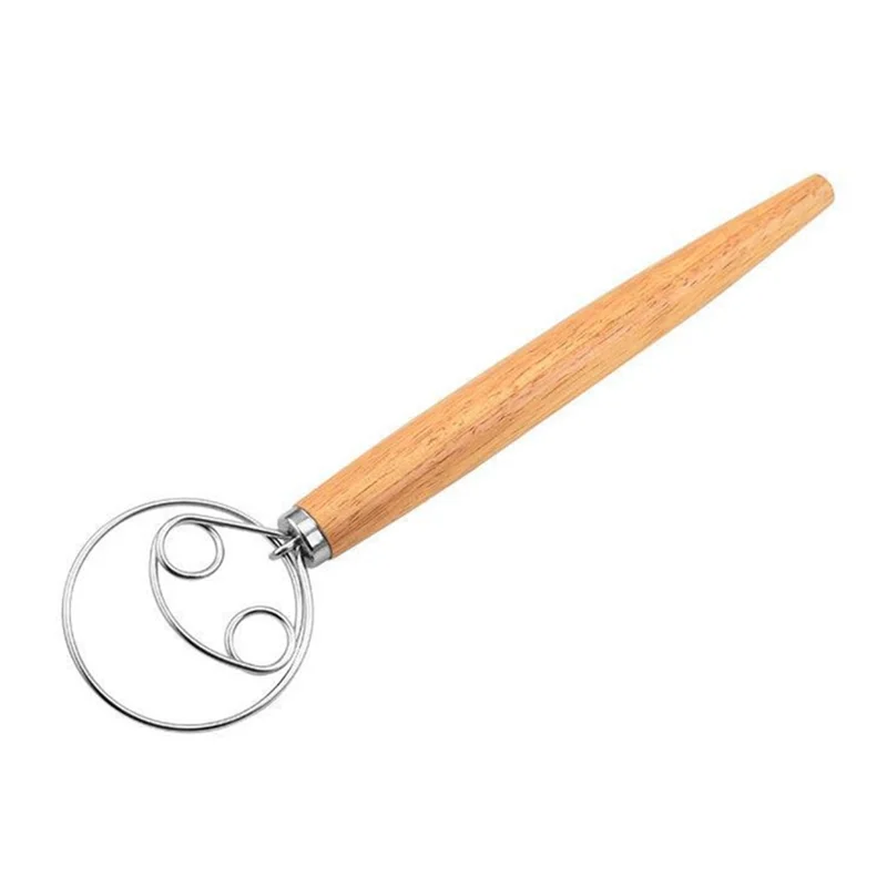 Flour Stirrer Wood Handle Stainless Steel Coil Dough Stirrer Kitchen Tool (BPA Free, No FDA) - Double Coil