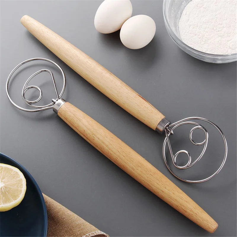 Flour Stirrer Wood Handle Stainless Steel Coil Dough Stirrer Kitchen Tool (BPA Free, No FDA) - Double Coil