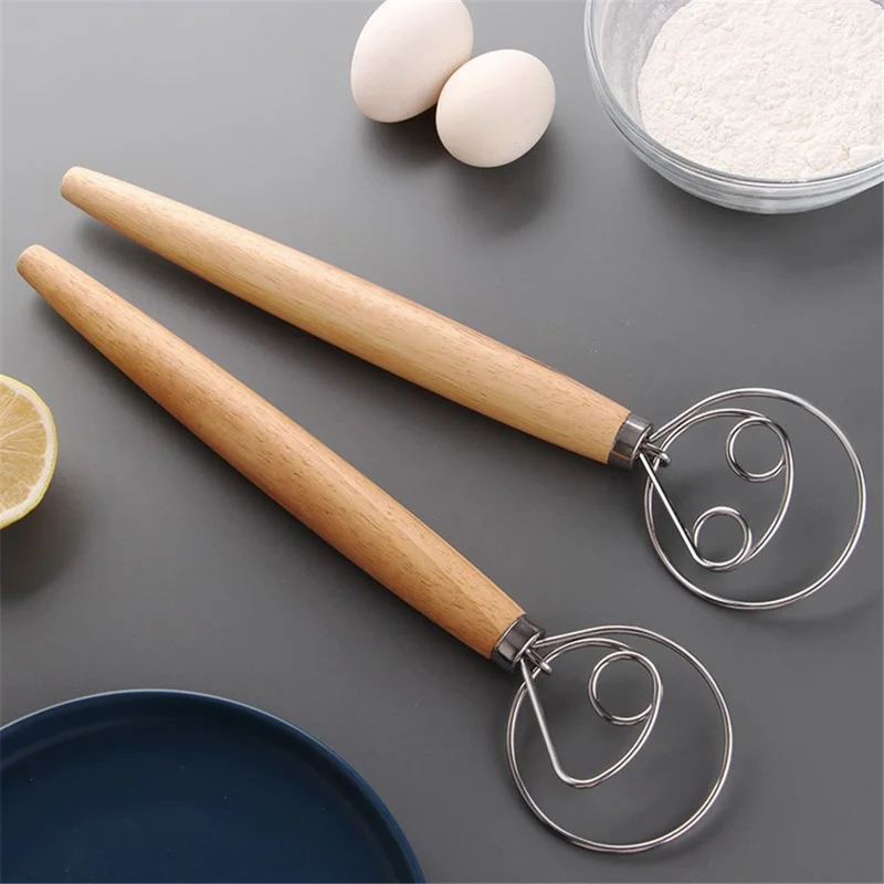 Flour Stirrer Wood Handle Stainless Steel Coil Dough Stirrer Kitchen Tool (BPA Free, No FDA) - Double Coil