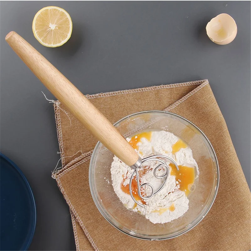 Flour Stirrer Wood Handle Stainless Steel Coil Dough Stirrer Kitchen Tool (BPA Free, No FDA) - Double Coil