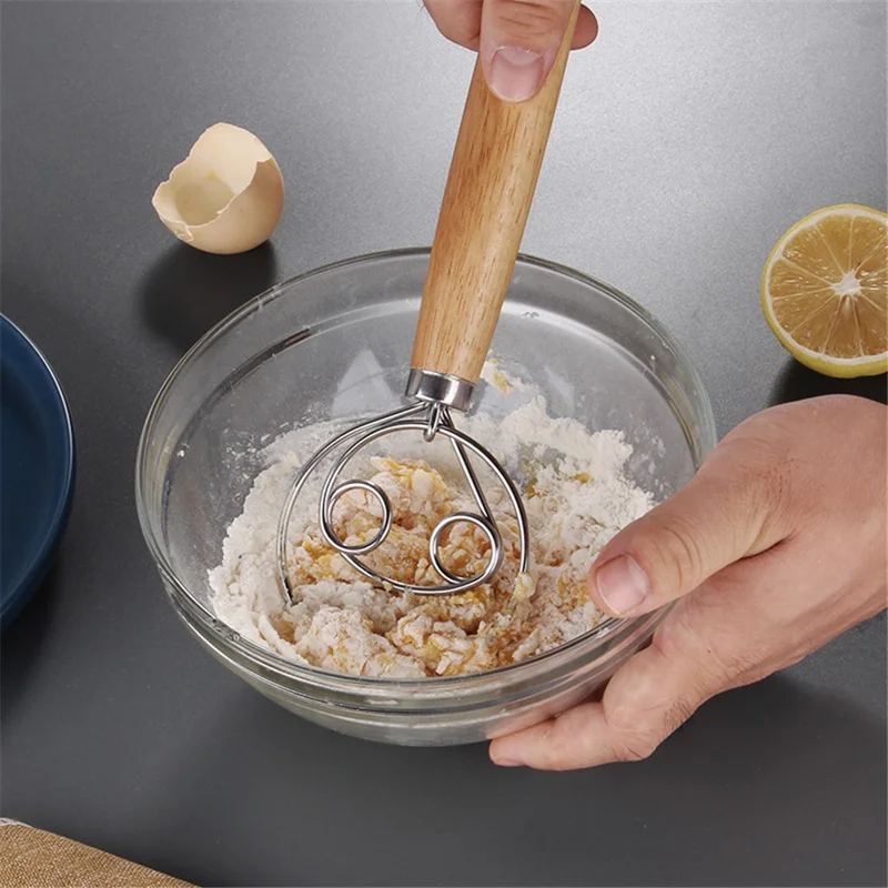 Flour Stirrer Wood Handle Stainless Steel Coil Dough Stirrer Kitchen Tool (BPA Free, No FDA) - Double Coil