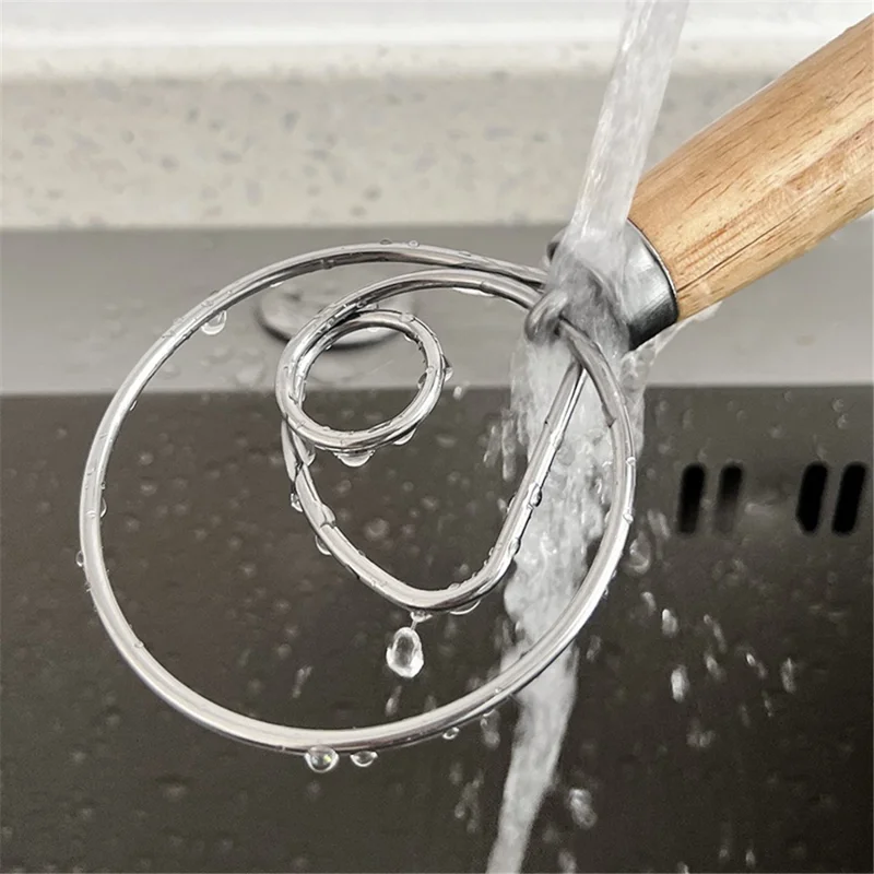 Flour Stirrer Wood Handle Stainless Steel Coil Dough Stirrer Kitchen Tool (BPA Free, No FDA) - Double Coil