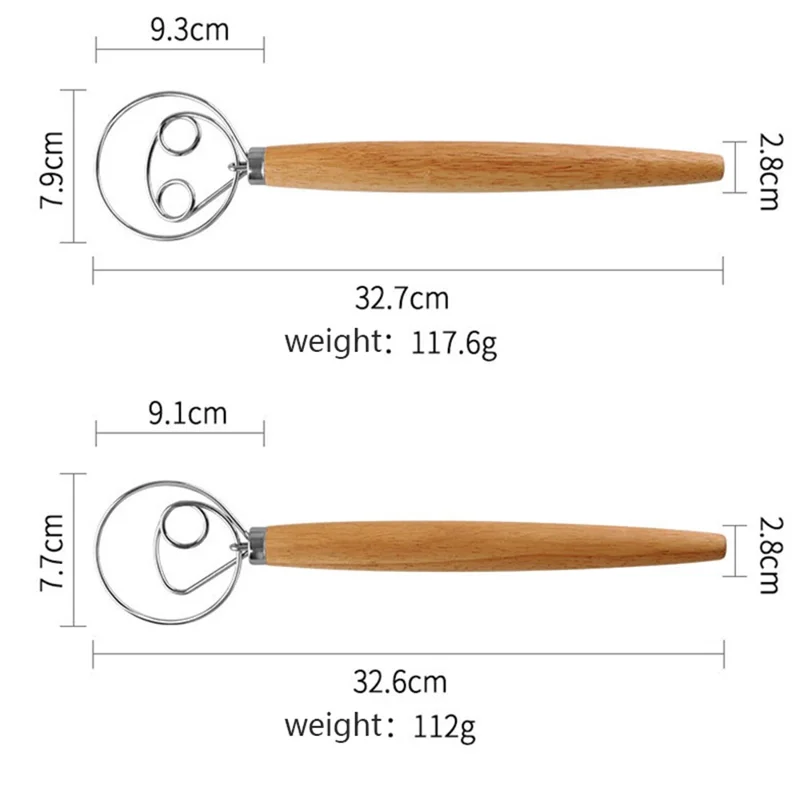 Flour Stirrer Wood Handle Stainless Steel Coil Dough Stirrer Kitchen Tool (BPA Free, No FDA) - Double Coil