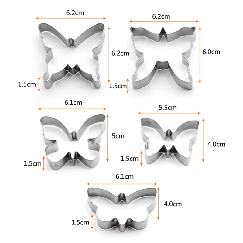 5pcs Butterfly Shape Cookie Cutter Conjunto 430 Mold de Cozimento em Aço Inoxidável (BPA Free, Sem FDA)