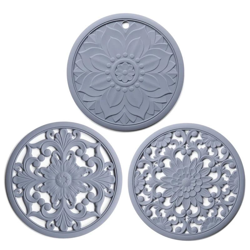 3 Pièces 16*16cm Dessous de Verre Ajourés Chinois Isolation Thermique Napperon en Silicone - Gris 