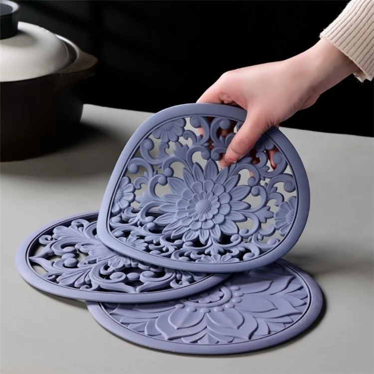 3 Pièces 16*16cm Dessous de Verre Ajourés Chinois Isolation Thermique Napperon en Silicone - Gris 