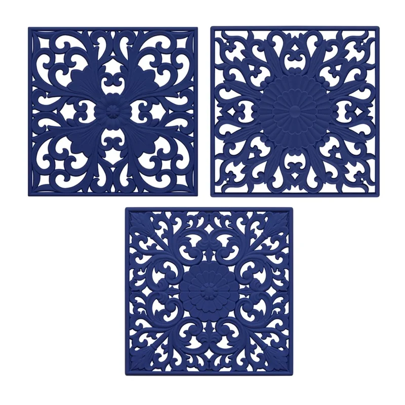 3Pcs / Set 18x18cm Scald Preventing Pot Holder Silicone Pad Hollow Flower Heat Insulation Square Mat - Blue