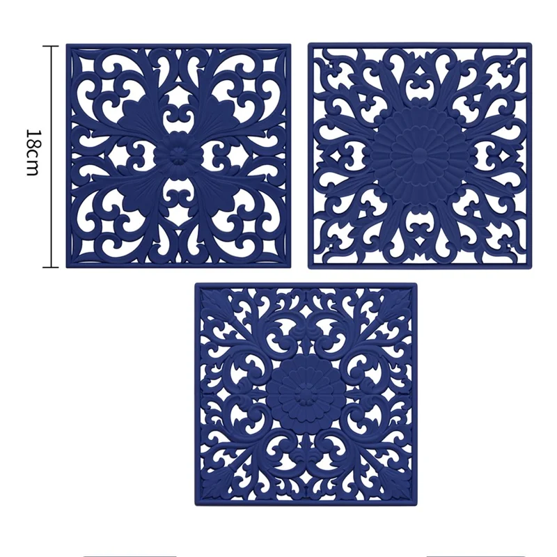 3Pcs / Set 18x18cm Scald Preventing Pot Holder Silicone Pad Hollow Flower Heat Insulation Square Mat - Blue