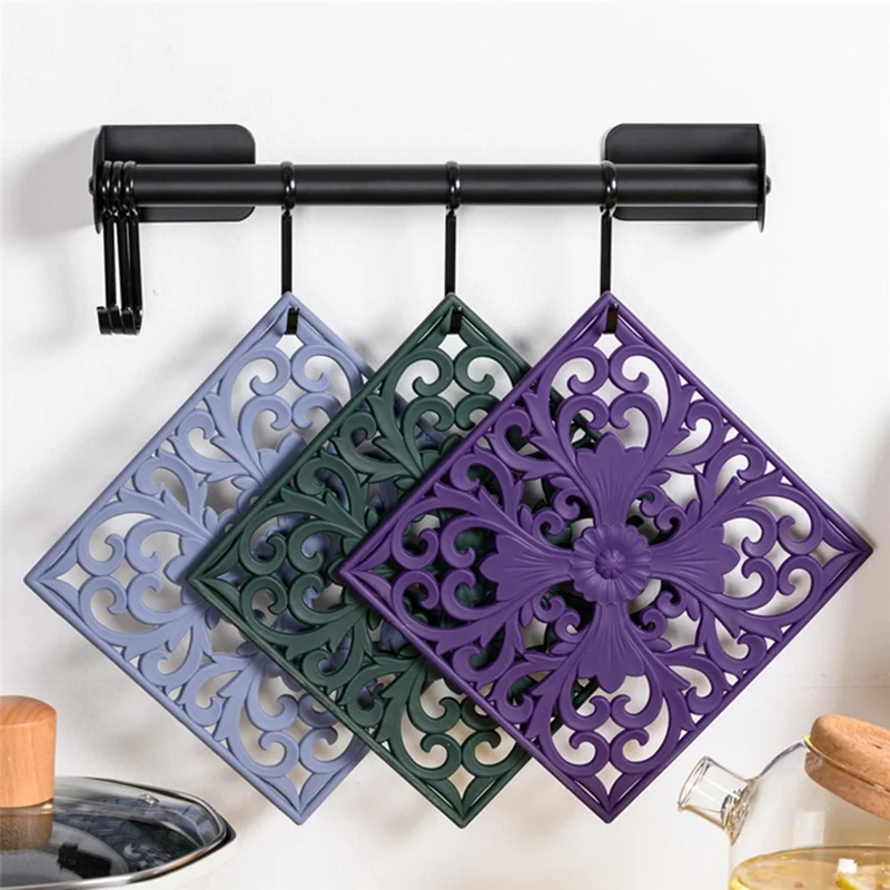 3Pcs / Set 18x18cm Scald Preventing Pot Holder Silicone Pad Hollow Flower Heat Insulation Square Mat - Blue