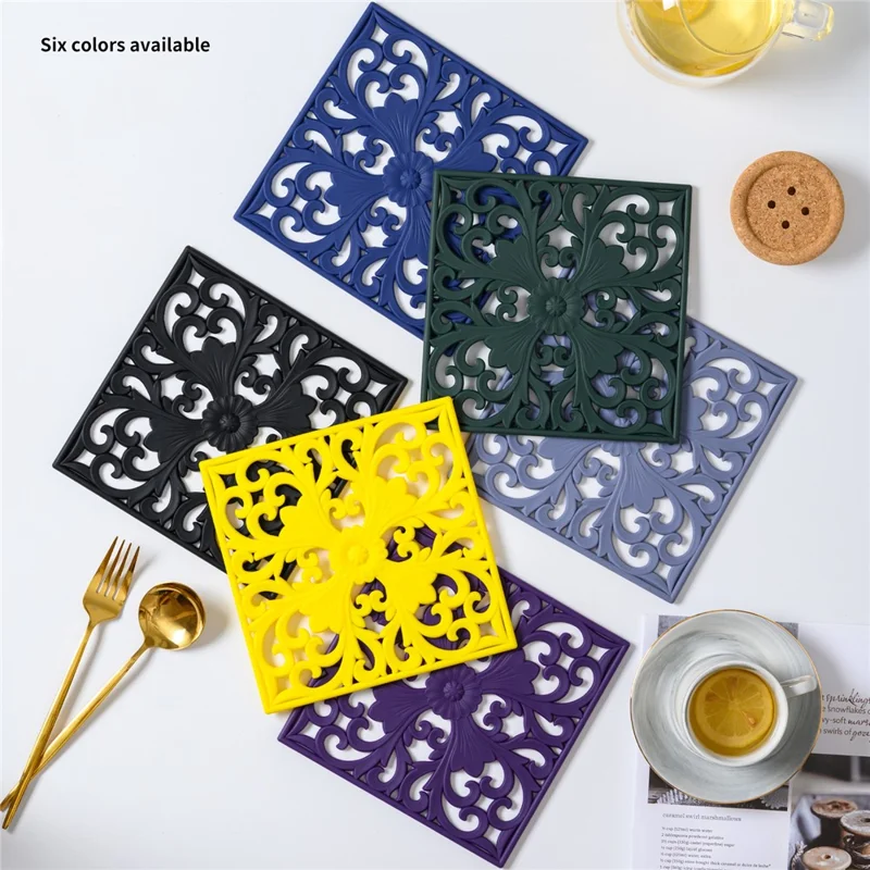 3Pcs / Set 18x18cm Scald Preventing Pot Holder Silicone Pad Hollow Flower Heat Insulation Square Mat - Blue