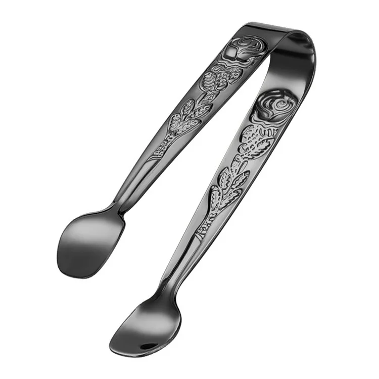 Retro Rose Pattern Ice Cube Clip 304 Stainless Steel Mini Food Tongs (BPA Free, No FDA) - Black