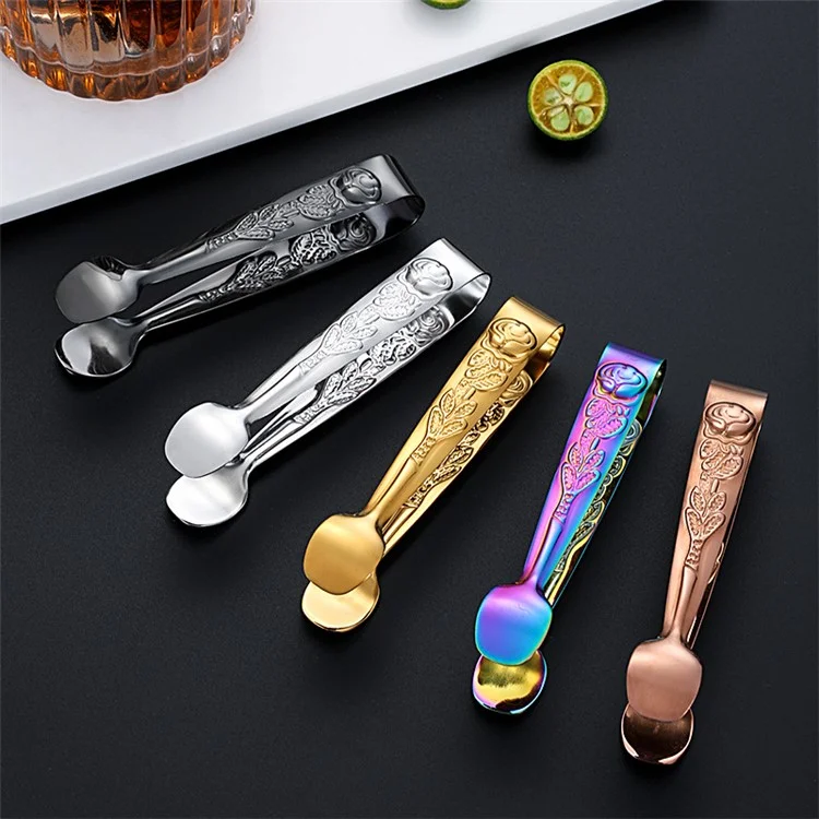 Ice Cube Clip 304 Stainless Steel Rose Pattern Mini Food Tongs (BPA Free, No FDA) - Multi-color