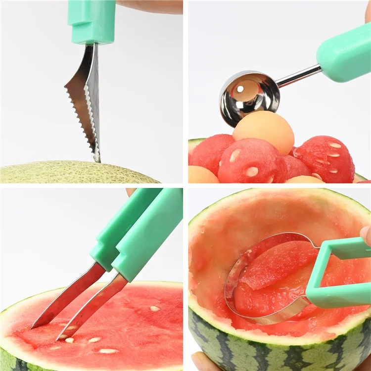 3-in-1 Fruit Digging Carving Knife Stainless Steel Melon Cutting Kitchen Tool (BPA Free, No FDA), PP Bag Package - Green
