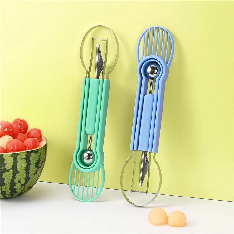 3-in-1 Fruit Digging Carving Knife Stainless Steel Melon Cutting Kitchen Tool (BPA Free, No FDA), PP Bag Package - Green