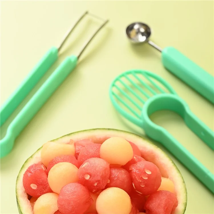 3-in-1 Fruit Digging Carving Knife Stainless Steel Melon Cutting Kitchen Tool (BPA Free, No FDA), PP Bag Package - Green