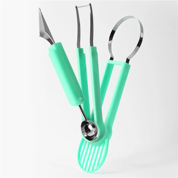 3-in-1 Fruit Digging Carving Knife Stainless Steel Melon Cutting Kitchen Tool (BPA Free, No FDA), PP Bag Package - Green