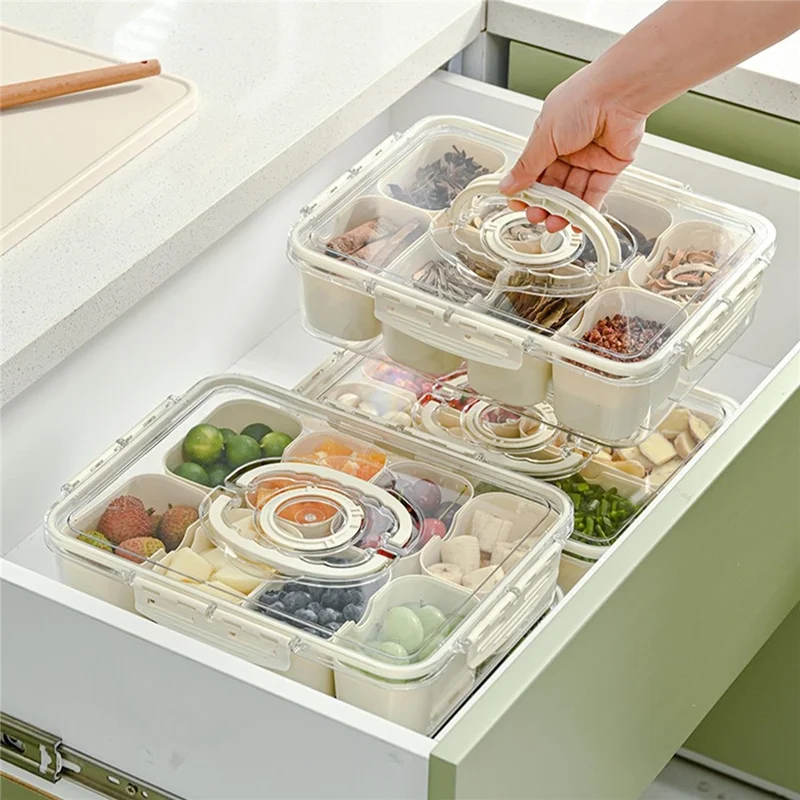 Sealed Food Storage Container with Lid, 8-Compartment Divided Fridge Organizer Box (BPA Free, US FDA)