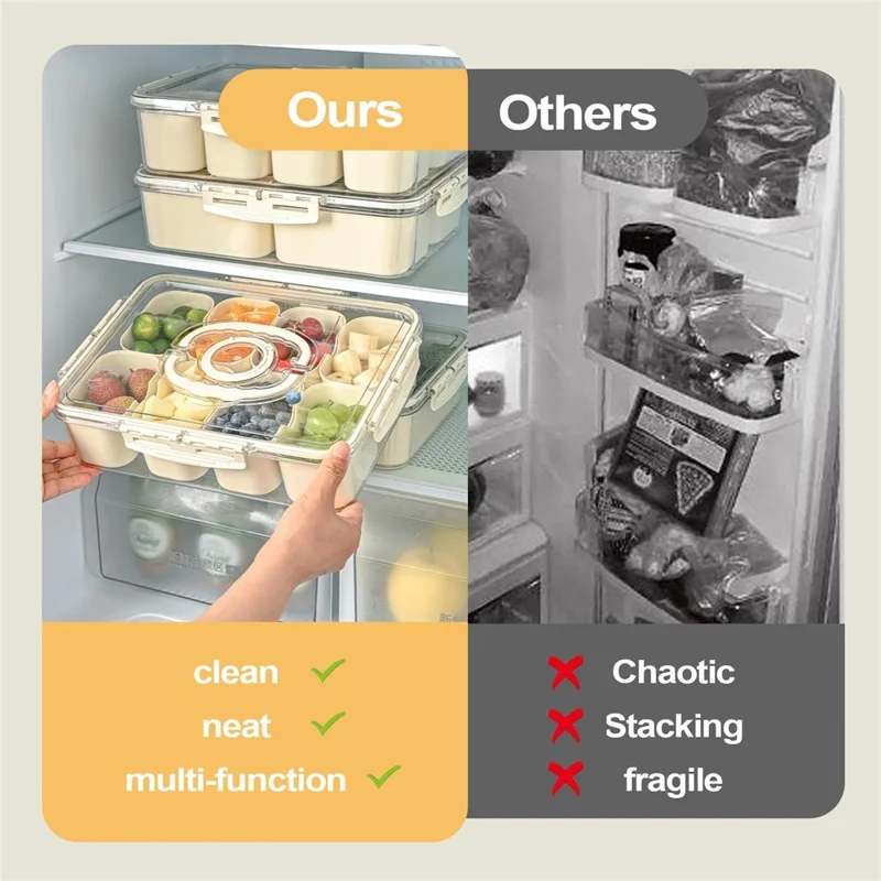 Sealed Food Storage Container with Lid, 8-Compartment Divided Fridge Organizer Box (BPA Free, US FDA)