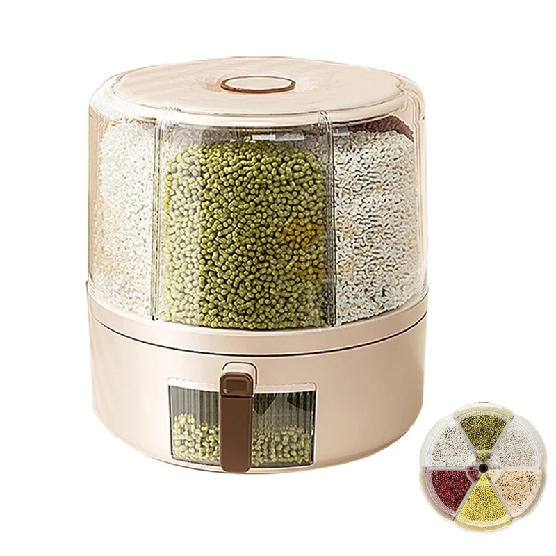 Removable Rotating Grain Storage Box 6 Grids Rice Bucket Moisture-Proof Insect-Proof Sealed Food Dispenser 4L (BPA-Free, NO FDA Certificate)