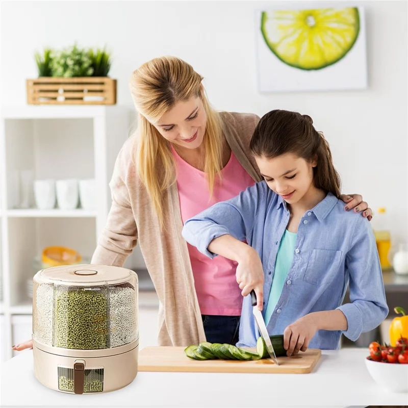 Removable Rotating Grain Storage Box 6 Grids Rice Bucket Moisture-Proof Insect-Proof Sealed Food Dispenser 6.5L (BPA-Free, NO FDA Certificate)