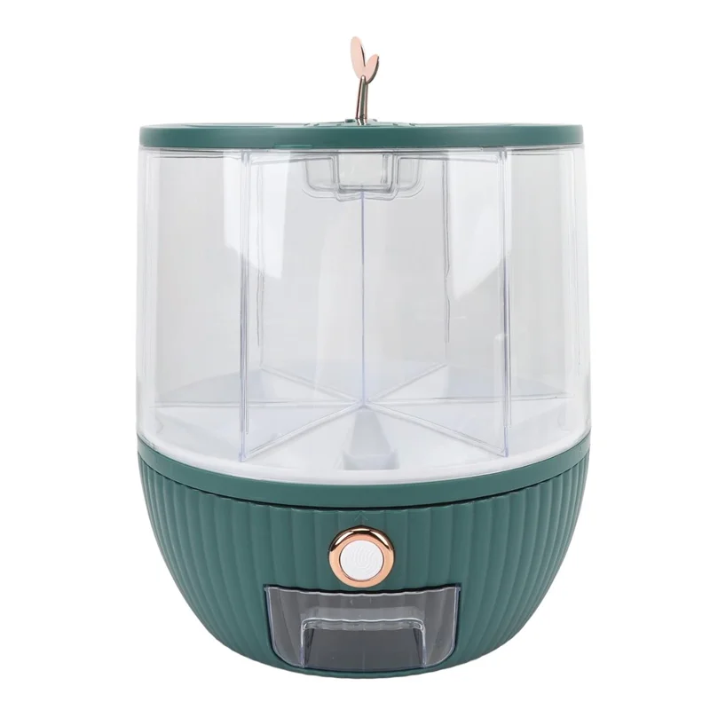 10KG Rotating Cereal Dispenser PET Food Container 6 Compartments Airtight Moisture Proof Grain Bucket (No FDA, BPA Free) - Blackish Green