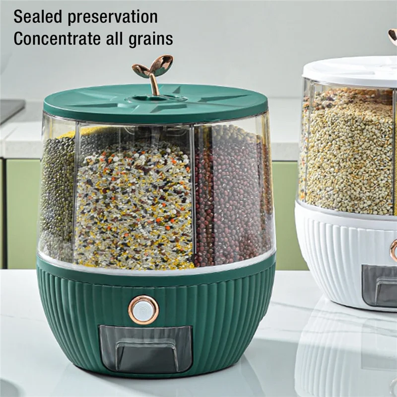 10KG Rotating Cereal Dispenser PET Food Container 6 Compartments Airtight Moisture Proof Grain Bucket (No FDA, BPA Free) - Blackish Green